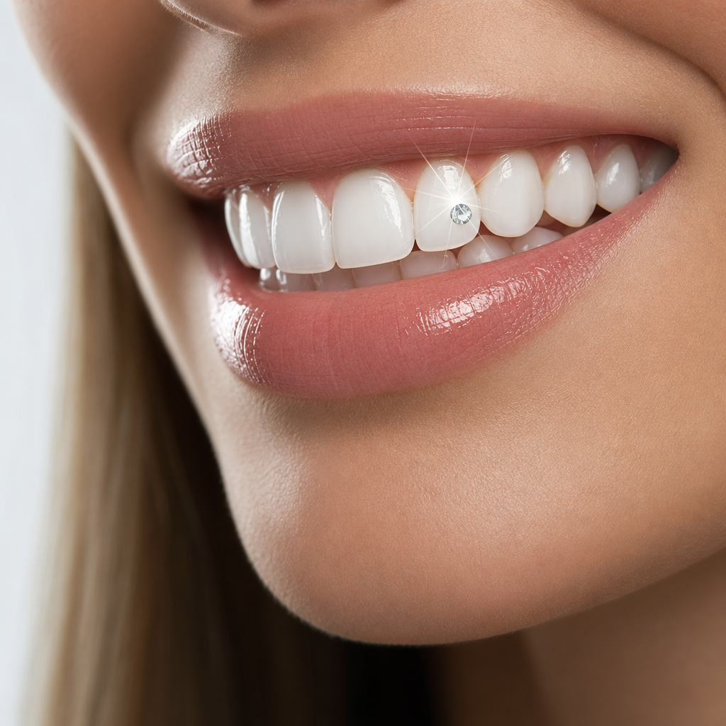Tooth gem on front tooth with sparkle