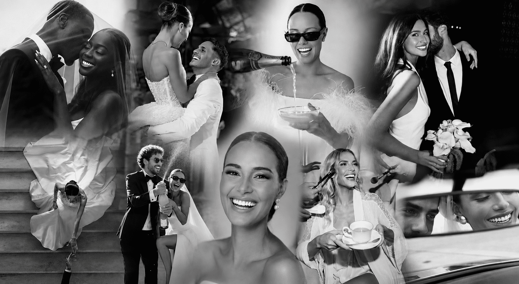 Wedding celebration — brides, grooms, and guests celebrating with bright smiles
